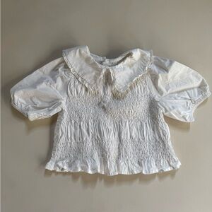 Zara White Smocked Blouse Top w/ Puff Sleeves + Peter Pan Collar | 12–18M